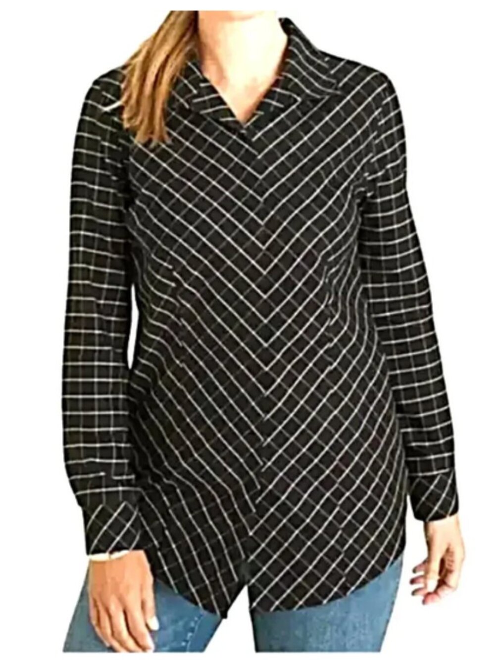 Chico's Black W/ White Grid Check Blouse size 3